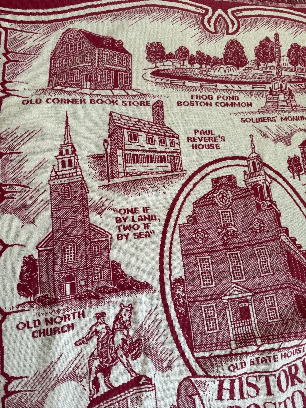 Historic Boston landmarks red and cream woven tapestry throw fringed blanket